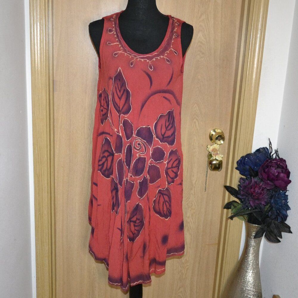 Fashion Force Red Embroidered Floral Boho Cotton Blend Hippy Vacation Dress